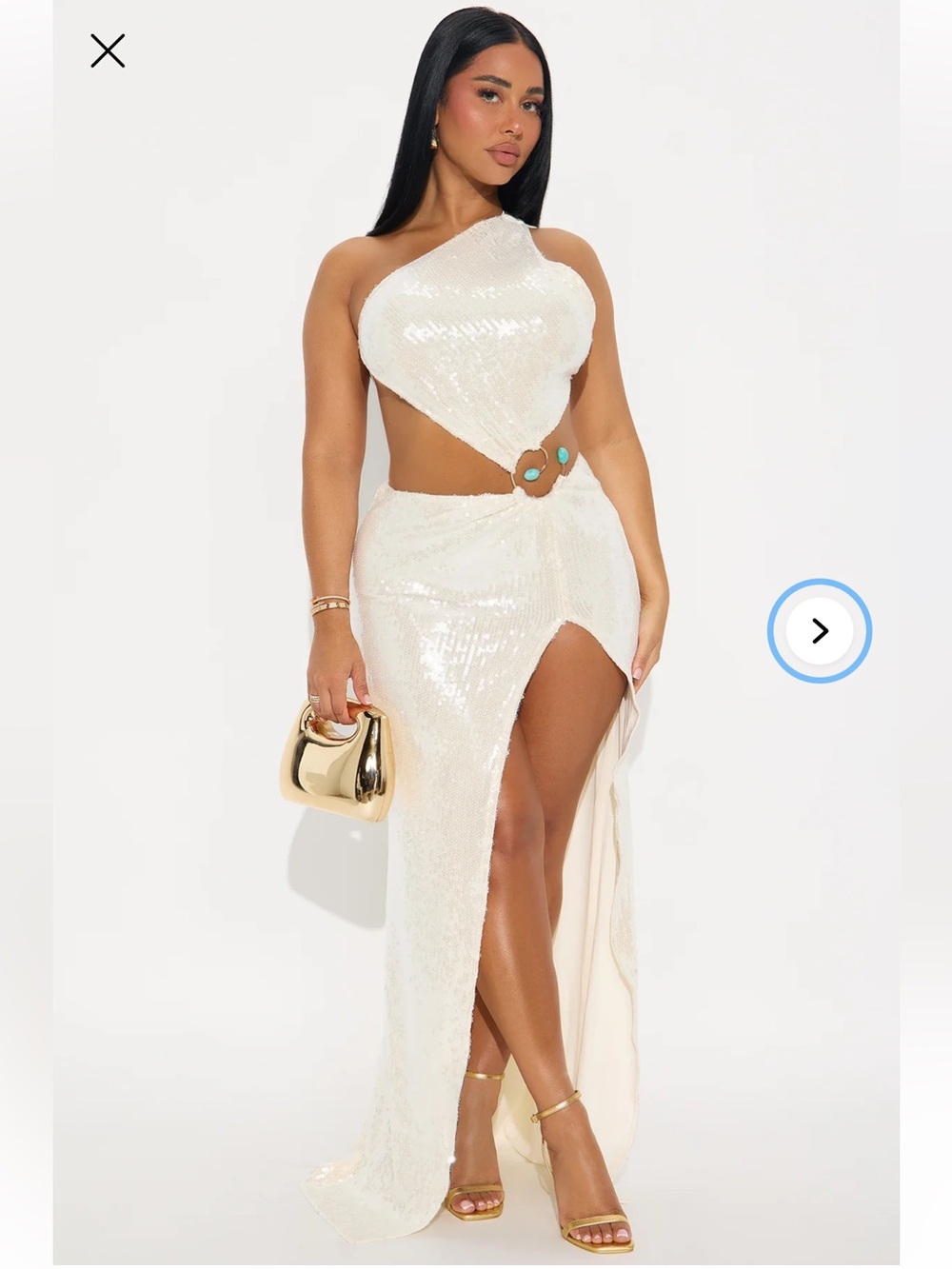 Fashion Nova Gold/Cream Sequin High-Low Maxi Skirt with Waist Ring